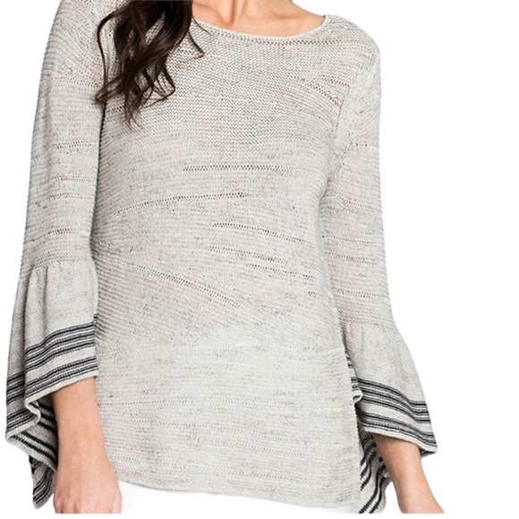 NIC+ZOE Gray Linen Long Striped Ruffle Bell Sleeve Pullover Sweater Size 2P - Picture 9 of 11